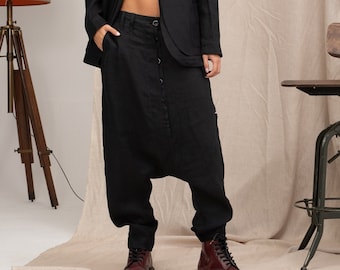 Zeitgenössische Leinenhose mit tiefem Schritt, Haremshose Damen, Avantgarde Leinenhose, Leinen Baggyhose