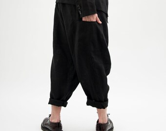 linen harem pants women, Organic clothing navy pants for women, Capri harem pants women, Loose fitting pants linen casual pants women