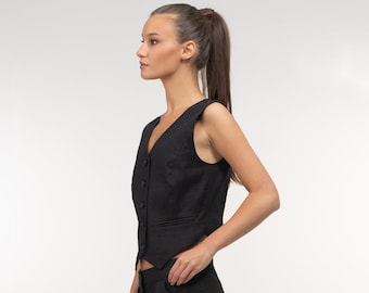 Black linen waistcoat women avant garde clothing, Linen vest women, Linen clothing, Classic linen suit vest