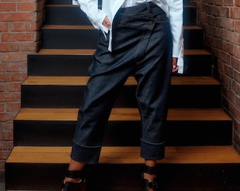 Asymmetrical denim pants womens, Avant garde baggy jeans, Organic clothing, Extravagant straight leg trousers, Plus sizes available