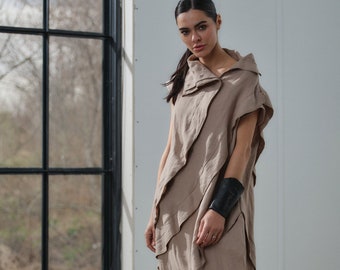 Avant-Garde Linen Dress, Asymmetrical Beige Boho Kaftan