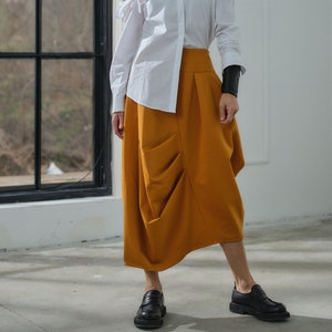 Mustard asymmetrical viscose midi skirt, Avant garde balloon shape skirt, Extravagant bubble skirt, Formal winter skirt, Plus sizes