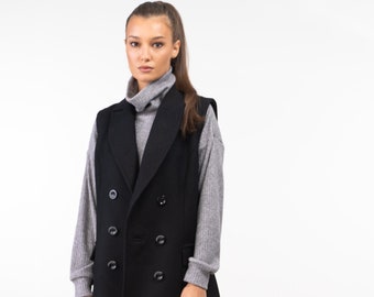 Long Double Breasted Wool Waistcoat for Women, Black Winter Waistcoat, Longline Wool Overcoat Womens