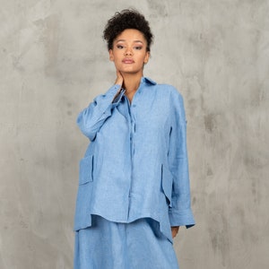 Blue linen shirt women long sleeve linen blouse women, Avant garde clothing white sparrow linen shirt women image 3