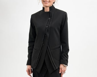 Blazer nero da donna, giacca da abito nera da donna, blazer asimmetrico da donna