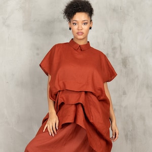 Brick red linen tunic, Womens linen top avant garde clothing, Linen shirt women, Plus size tunic top, Asymmetric kaftan, plus size shirt