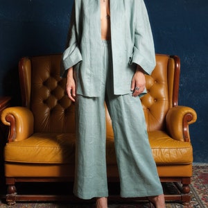 Wide leg linen pants women, Linen clothing, Green tea palazzo pants, Summer boho pants, Plus sizes available, Organic clothing, Slow fashion