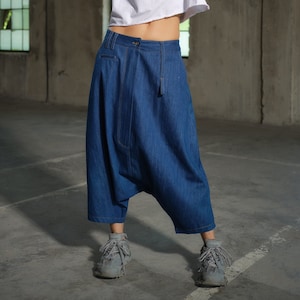 Avant garde blue denim harem pants with asymmetrical details, Drop crotch pants women, Baggy blue jeans, Plus sizes available, Slow fashion