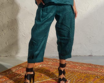 Summer linen pants women, Linen barrel pants in petrol blue, Avant garde loose fit trousers, Plus sizes available, Organic linen clothing