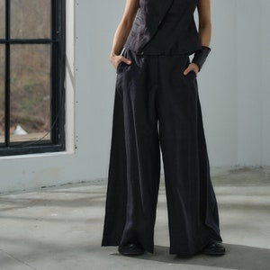Handmade Black Linen Palazzo Pants, Wide Leg Trousers, Plus Size