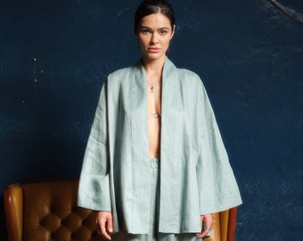 Japanese style linen kimono robe with belt, Linen clothing womens, Loose fit casual linen jacket in mint color, Plus size wrap housecoat