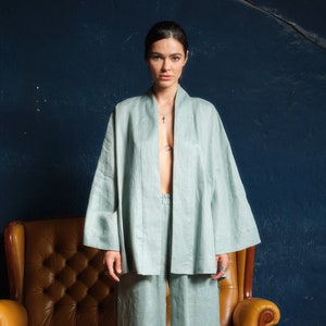Japanese style linen kimono robe with belt, Linen clothing womens, Loose fit casual linen jacket in mint color, Plus size wrap housecoat image 1