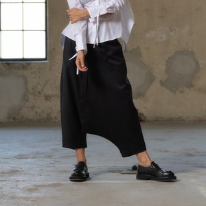 Black wool drop crotch pants with asymmetrical details, Avant-garde pants Women, Baggy pants, Minimalist urban sustainable clothing image 1