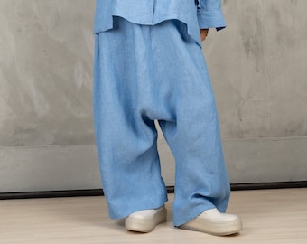 Extravagant Drop Crotch pants, Blue Linen Harem Pants, Linen Pants Women, Loose Harem Pants, Pants With Pockets