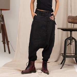 Contemporary drop crotch linen pants, Harem pants women's, Avant garde linen clothing, Linen baggy pants women image 3