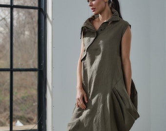 Avant Garde Linen Maxi Dress, Asymmetrical Boho Summer Clothing