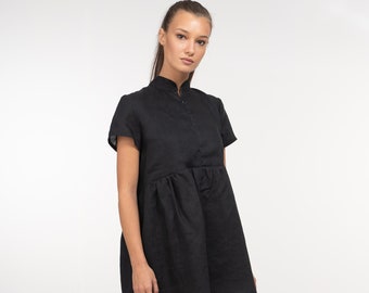 Black linen summer dress, Little black dress, Black cocktail dress, Linen clothing, Linen smock dress, Smart casual summer dress linen