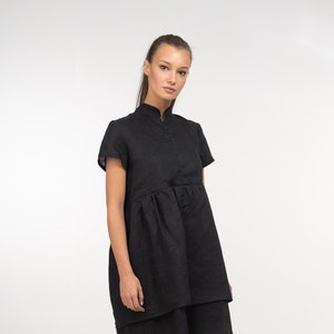 Black linen summer dress, Little black dress, Black cocktail dress, Linen clothing, Linen smock dress, Smart casual summer dress linen