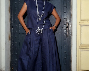 Linnen rokbroek, wijde pijpen linnen palazzobroek linnen dameskleding, donkerblauwe linnen broek met plooien dames