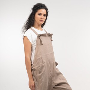 Beige linen jumpsuit women linen clothing women, Plus size overalls women drop crotch, Boho jumpsuit organic clothing