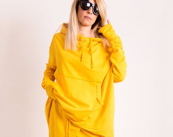 Yellow asymmetrical hooded sweatshirt women, Cotton hoodie women plus size clothing, Oversized Sweatshirt women thumb hole hoodie