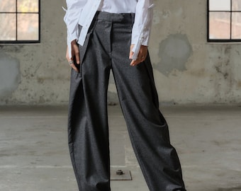 Grey melange wide leg merino wool pants women, Avant garde winter pants, Organic clothing, Winged trousers womens, Plus sizes available