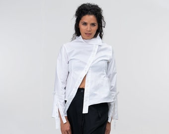 Asymmetrical white cotton shirt women, Avant garde long sleeve top contemporary fashion, extravagant organic cotton women shirt