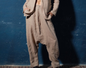 Eigentijdse linnen broek met laag kruis, harembroeken voor dames, avant-garde linnen kleding, linnen wijde broek dames