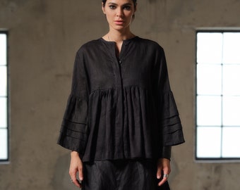 Schwarze Leinen Bluse Frauen Langarm Leinen Kleidung, Casual Leinen Top, Damen Leinen Shirt mit Rüschen, Plus Größen erhältlich, Slow fashion