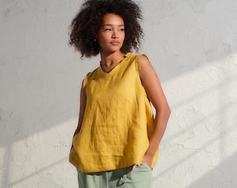 Zomer boho linnen blouse dames, avant-garde linnen top in mosterd, casual linnen shirt, biologische linnen kleding, grote maten beschikbaar