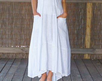 Weißes Leinen Maxikleid, Bio-Kleidung, weißes asymmetrisches Leinen Boho-Kleid, Sommerleinenkleid, Avantgarde-Kleidung, Kapselgarderobe