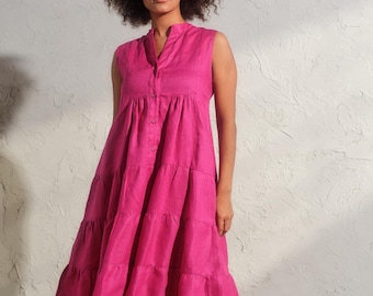 Zomer linnen midi-jurk in cyclamen, lange linnen boho-jurk, A-vorm mouwloze kaftan, biologische linnen kleding, grote maten beschikbaar
