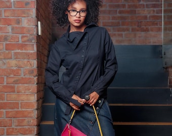 Asymmetrical black cotton shirt womens, Avant garde organic cotton blouse, Extravagant long sleeve shirt, Plus sizes available, Slow fashion