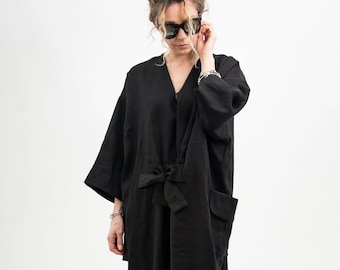 Black linen dress with ribbon, womens linen clothing maternity dress, Black linen kimono dress, Japanese inspired kimono with belt