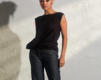 Avant Garde Black Viscose Top – Asymmetrical Sleeveless Blouse, Minimalist Fashion for Women, Plus Sizes