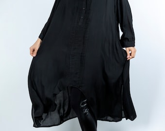 Chemise ample noire taille plus, chemise extravagante, chemise longue viscose noire, robe chemise élégante, chemise femme surdimensionnée, robe maxi viscose