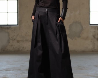 Handmade Black Cotton Palazzo Pants, Extravagant Pleated Wide Leg