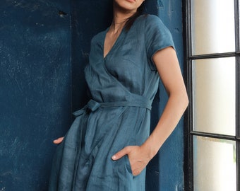 Wide leg linen jumpsuit women linen clothing, Wrap jumpsuit with belt, Petroleum blue overalls, Palazzo jumpsuit womens organic clothing