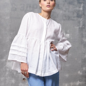 White linen blouse women long sleeve linen clothing women, Womens linen top plus size clothing for women, Plus size tunic white blouse