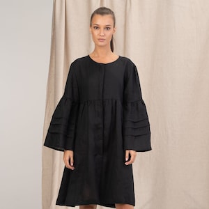 Summer boho linen dress, Black linen dress with wide sleeves, Plus size linen clothing women&#39;s Organic clothing, Office dress Cocktail dress