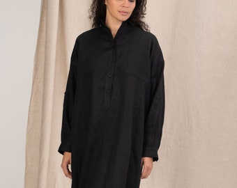 Black linen dress women linen clothing, Plus size maxi dress long sleeve shirt dress, Oversized shirt dress women, Black linen tunic shirt