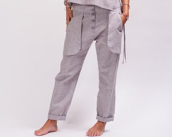 Striped Linen pants women, Casual Loose fitting pants plus size clothing, Drop crotch pants women