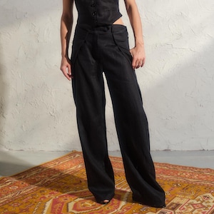 Avant garde wide leg linen pants women, Black summer linen trousers, Organic linen clothing, Plus sizes available, Palazzo pants womens