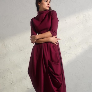 Asymmetric burgundy dress, Avant garde dress, Extravagant long viscose dress, Slow fashion, Capsule wardrobe, Sustainable clothes
