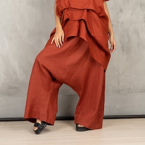 Brick red Linen Harem Pants, Extravagant Drop Crotch pants, Linen Pants Women, Loose Harem Pants, Pants With Pockets