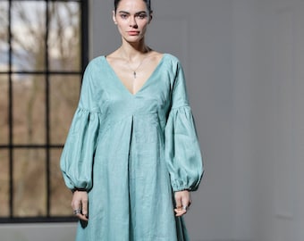 Groene thee zomer linnen maxi-jurk, pofmouwen linnen kaftan, linnen boho-jurk, duurzame linnen kleding dames, slow fashion, grote maten