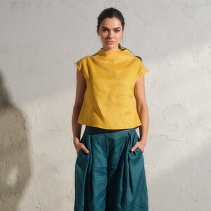 Summer linen top in mustard color, Avant garde clothing, Organic sleeveless linen blouse, Womens boho linen top, Plus sizes available