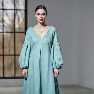 Green tea summer linen maxi dress, Puff sleeves linen kaftan, Linen boho dress, Sustainable linen clothing womens, Slow fashion, Plus sizes