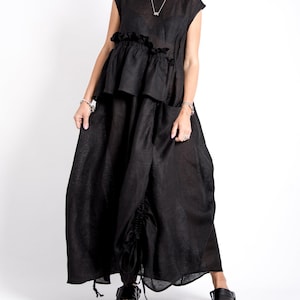 Black summer boho maxi linen dress,  Organic linen clothing for women, Black asymmetrical avant garde linen dress, Plus sizes available