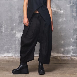 Linen pants black baggy pants women, drop crotch pants mid waist pants for women image 1